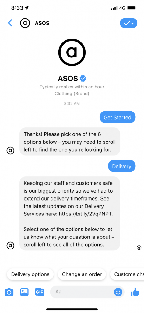 Image showing an online chat response by the clothing brand ASOS