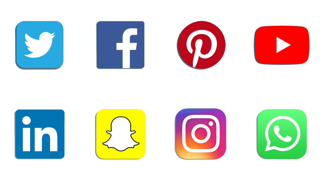 Social media logos for Facebook, Twitter, LinkedIn, Snapchat, Pinterest, YouTube, Instagram, and Whatsapp